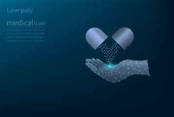 Vector image of a medicine in a capsule on the hand, low poly picture. Medicinal tablets, pharmacology.