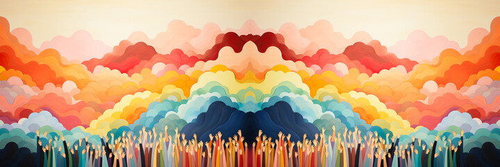 Crowd of multicultural people, rainbow clouds in the sky, Freedom day, human right, friendship and support,  zero discrimination