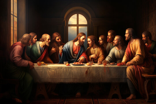 Last supper of Jesus Christ with apostles in Jerusalem, crucifixion and resurrection at Easter, christian religion and faith