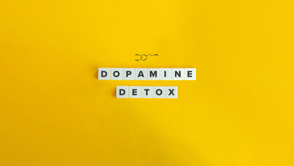 Dopamine Detox Text, Banner and Structural Formula. Block Letter Tiles on Yellow Background. Minimalist Aesthetics.