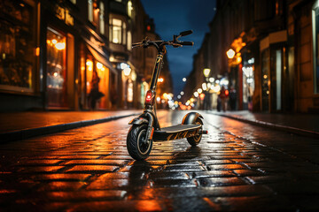 An electric scooter parked on a wet urban street, glowing under city lights at night. - obrazy, fototapety, plakaty