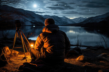 A photographer sits by a calm lake at dusk, camera on tripod, capturing the stunning night sky and mountain landscape.