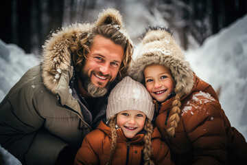 Obraz premium Happy family with a father and two daughters smiling and hugging outdoors in a snowy winter setting.