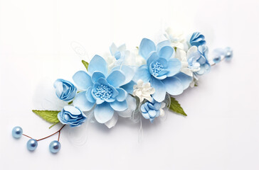 a blue flower arrangement with white and blue flowers on a white background with pearls and leaves on the stems, gradient light blue, rococo, generative ai