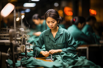 Fototapeta na wymiar A skilled female worker sewing garments in a textile factory, concentrating on her task with professional diligence.