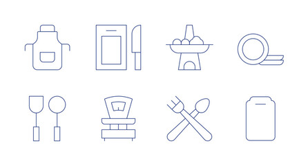 Utensil icons. Editable stroke. Containing cutting board, apron, kitchenware, pot, scale, cutlery, clean dishes.
