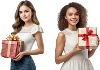 Set of 2 Girls in white dress with gift box for Christmas day, New Year and Advertisement - Generative AI