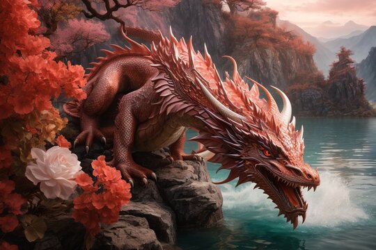 A beautiful roaring dragon on the background of flowering trees and a lake. 2024.