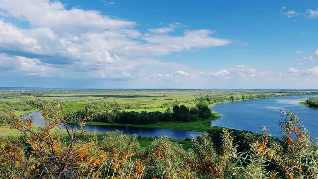 Picturesque view of the Kama River from the observation deck at the Yelabuga settlement. The movement of clouds over the river. Lower Kama National Park. Yelabuga, Republic of Tatarstan, Russia, 4K