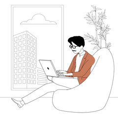 Business man sitting in a padded chair working on his laptop.
On vector image: window - skyscraper, cloud, indoor plant, bag chair, laptop and Business man.