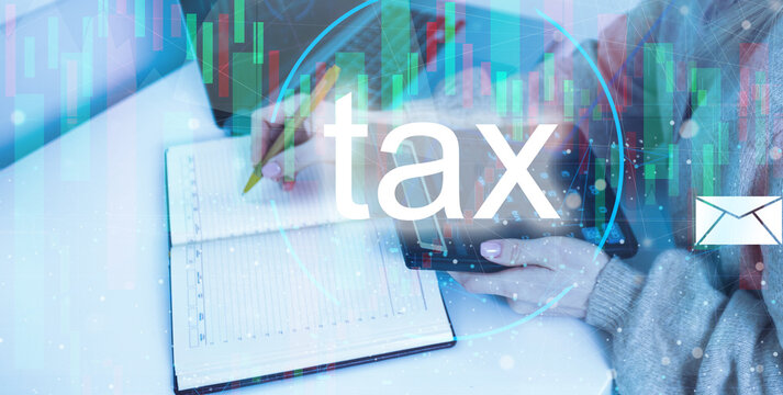 Business hand clicks virtual screen to tax return online for tax payment. Government, state taxes. Data analysis, paperwork, financial research, report. Calculation tax return