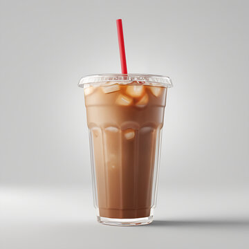 Iced coffee in a disposable to-go plastic cup with a lid and straw isolated on a white background