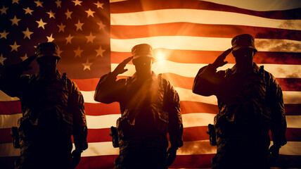 Silhouettes of a soldier in front of the American flag. Veterans Day. - obrazy, fototapety, plakaty