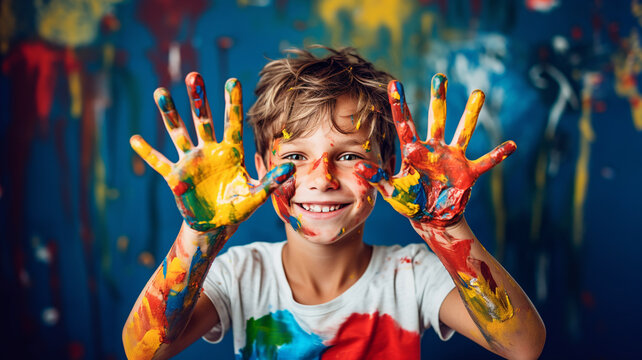 Smiling boy with paint on his hands and face