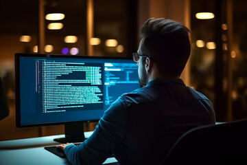 Busy smart business man software developer engineer programmer working late on pc computer in dark night office. Coder working with ai software development solutions. Back view, focus on screen.