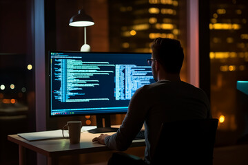 Busy smart business man software developer engineer programmer working late on pc computer in dark night office. Coder working with ai software development solutions. Back view, focus on screen.