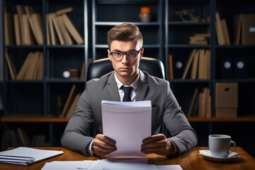 Serious busy young professional business man executive ceo manager sitting at desk in office working checking corporate financial accounting documents feeling worried about taxes or bills.