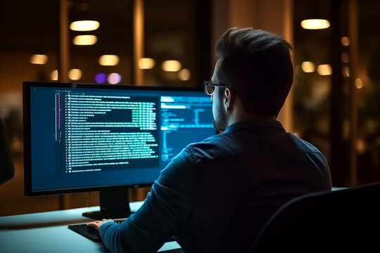 Busy smart business man software developer engineer programmer working late on pc computer in dark night office. Coder working with ai software development solutions. Back view, focus on screen.