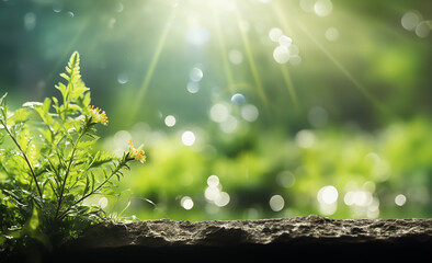 Springtime or summer nature background with green wild grasses sun beam and bokeh