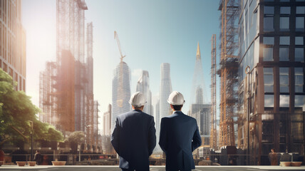 businessman looking at the construction of their skyscraper, construction workers in the background downtown scene - obrazy, fototapety, plakaty