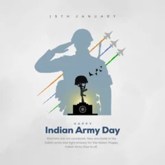 Fotobehang Vector illustration of Indian army day. Indian silhouette Soldier saluting to tricolor flag and celebrating victory. 15th january. © rahul