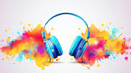 World music day banner with headset headphones  on abstract colorful - obrazy, fototapety, plakaty