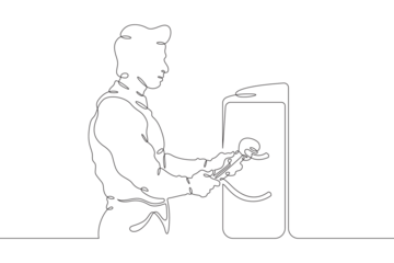 Plumber in work clothes. Mechanic with a tool. Handyman. Wrench. Repair. One continuous line drawing. Linear. Hand drawn, white background. One line.