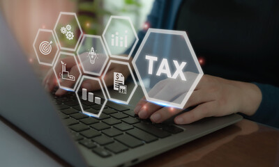 TAX online payment and technology concept. Taxation, taxes burden. State taxes, payment, governant ,calculating finance, tax accounting, statistics and data analytic reserach, calculation tax return. - obrazy, fototapety, plakaty