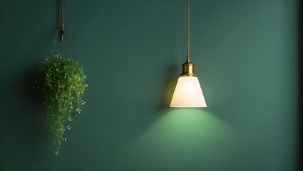 Simple lamp hangs on green wall and illuminates it, space for text or presentation