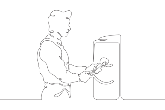 Plumber in work clothes. Mechanic with a tool. Handyman. Wrench. Repair. One continuous line drawing. Linear. Hand drawn, white background. One line.