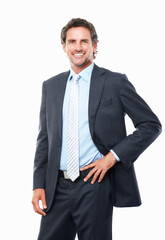 Portrait, happy business man and corporate accountant in studio with pride, professional experience or executive manager. Mature entrepreneur, financial salesman or broker in suit on white background