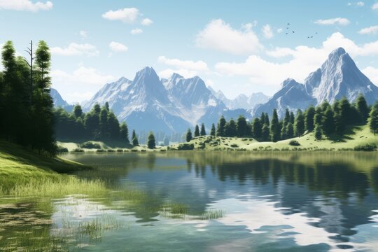 Lake's Tranquil Embrace Majestic Mountains in Painting