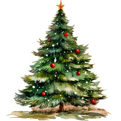 Watercolor illustration of a Christmas tree with decorations