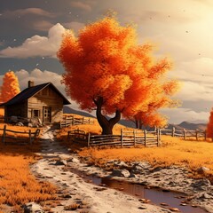 Autumn landscape with orange colored tree and wooden cottages