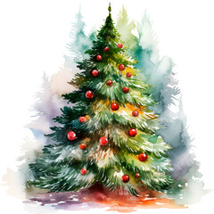 Fototapeta premium Watercolor illustration of a Christmas tree with decorations