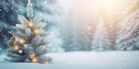 Winter wonderland. Serene snow covered landscape with christmas trees icy hills and blue sky. Xmas magic. Glowing lights and snowflakes adorn winter forest in seasonal celebration
