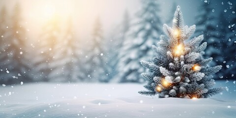Fototapeta na wymiar Winter wonderland. Serene snow covered landscape with christmas trees icy hills and blue sky. Xmas magic. Glowing lights and snowflakes adorn winter forest in seasonal celebration
