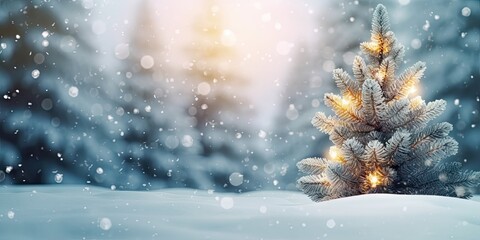 Winter wonderland. Serene snow covered landscape with christmas trees icy hills and blue sky. Xmas magic. Glowing lights and snowflakes adorn winter forest in seasonal celebration