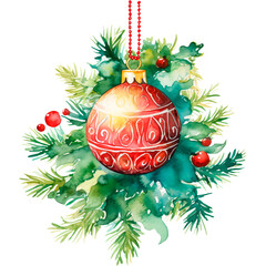Christmas watercolor illustration Christmas tree toy with fir branches