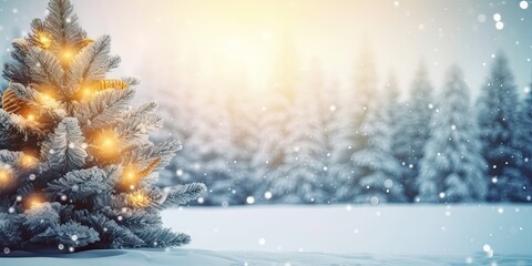 Winter wonderland. Serene snow covered landscape with christmas trees icy hills and blue sky. Xmas magic. Glowing lights and snowflakes adorn winter forest in seasonal celebration