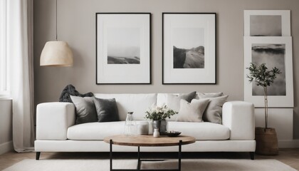 Interior design mockup with picture frame on a Wall. Living room in colors with sofa and painting.