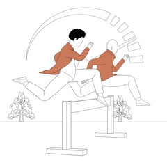 The vector shows two businessmen jumping over an obstacle and competing. The speedometer, trees and obstacles are visible in the background.