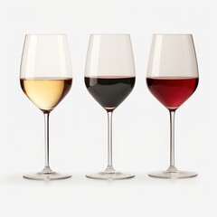 Three glasses of wine isolated on a white background. White and red wine.