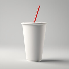 Disposable white paper cup with a lid and straw isolated on a white background.