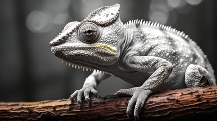 Close-up of a chameleon's funny face looking at the camera. Lizard in natural environment in monochromic style. Illustration for cover, postcard, interior design, banner, brochure, etc. - obrazy, fototapety, plakaty