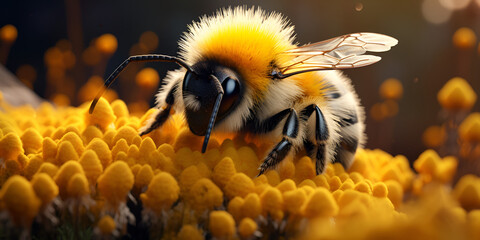 Fluffy bumblebee on flowers pollens A bee on a flower with a blur background A bee sits on a yellow flower with the word bee on it  Ai Generative
