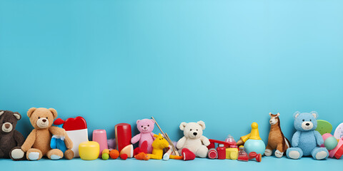 Teddy bear toys on blue background with copy space, Top view of children s toy banner on blue background with room for text  Generative Ai 
