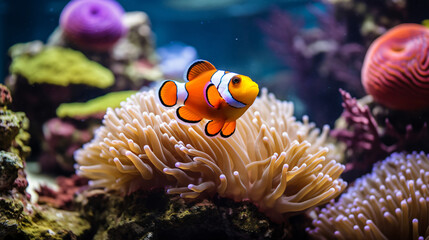 A clown fish is swimming in the water