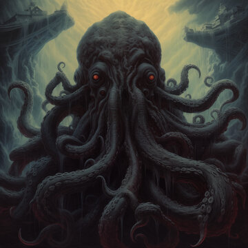 Portrait of Cthulhu. Unspeakable ancient god with tentacles closeup. Monster octopus with red eyes.