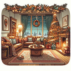 Magical Christmas living room illustration